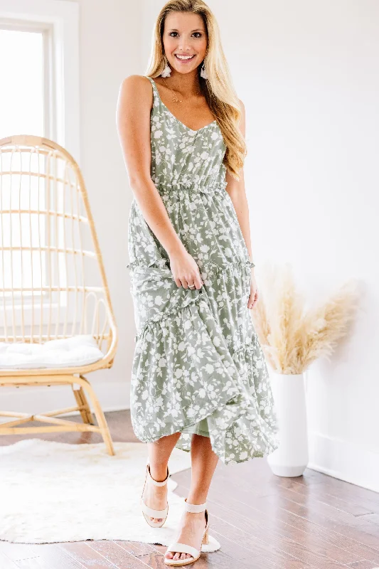 Women's U-Shaped-Neck DressesListen To Your Heart Sage Green Ditsy Floral Midi Dress