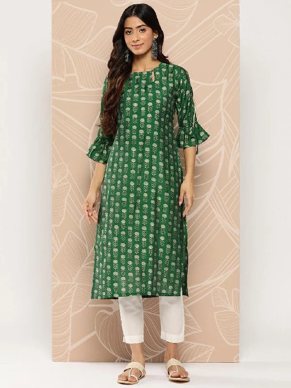 Women's Jumpsuits with Shawl CollarGreen Printed Silk Straight Kurta