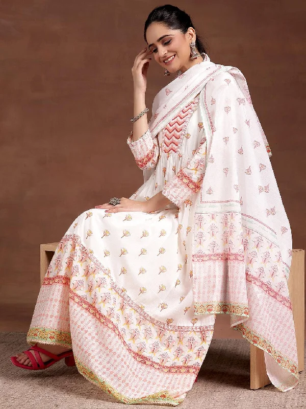 Women's Jumpsuits with Rounded CollarOff White Printed Cotton Anarkali Suit With Dupatta