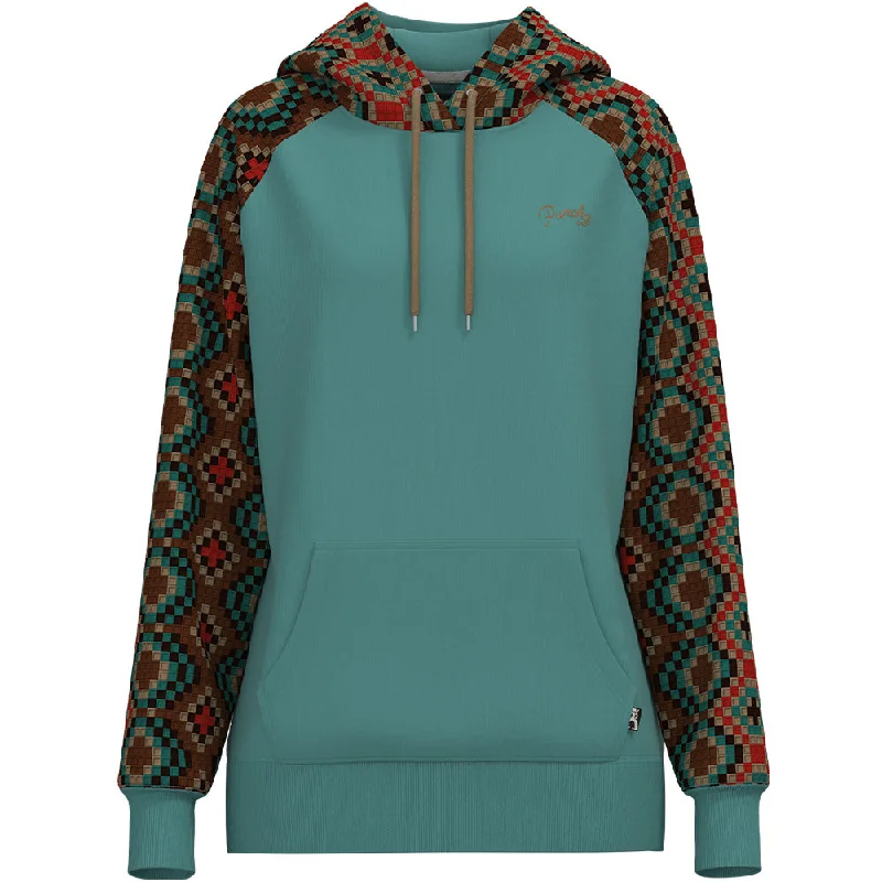 Women's Hooded Sweatshirts with Cinched Waist"Legendary Punchy Hoody" Turquoise w/Tan & Red Pattern