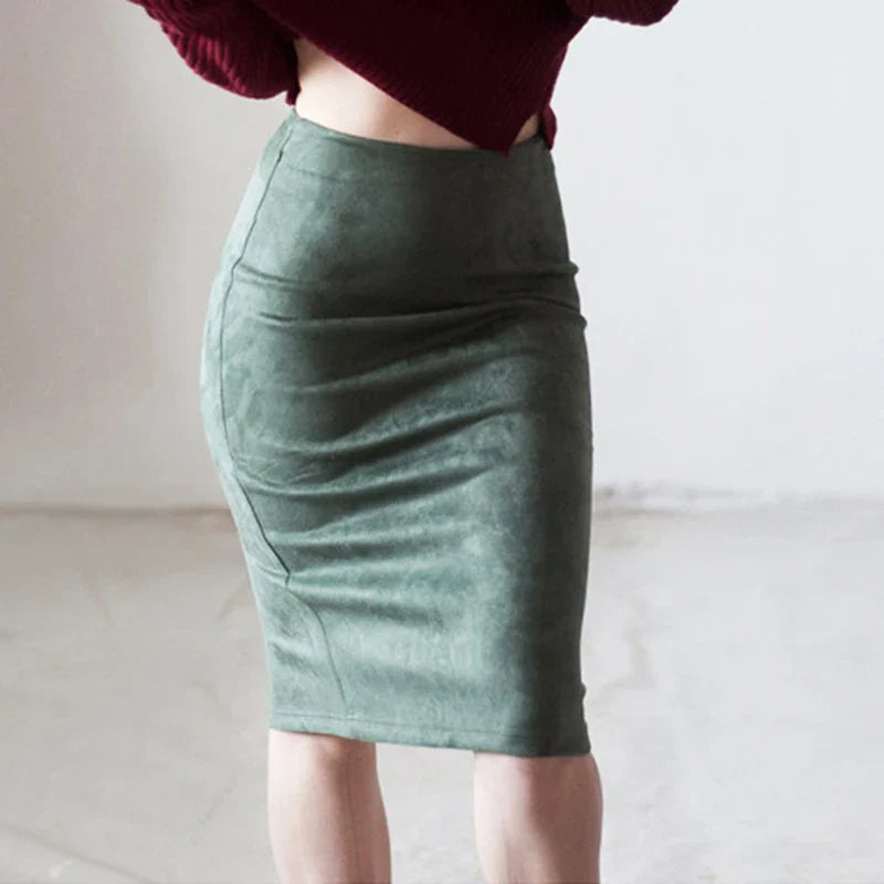 Women's Scalloped Hem SkirtsSuede Color Vintage Split Pencil Skirt