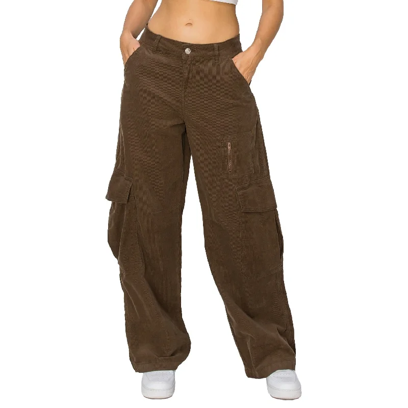 Women's Jodhpurs with Shirt CollarCorduroy Wide Leg Cargo Pants - Chocolate