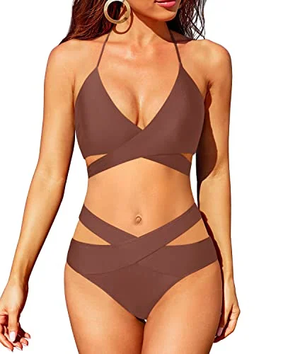 High Leg Two Piece Swimsuit Push Up Criss Cross Bathing Suit-Brown