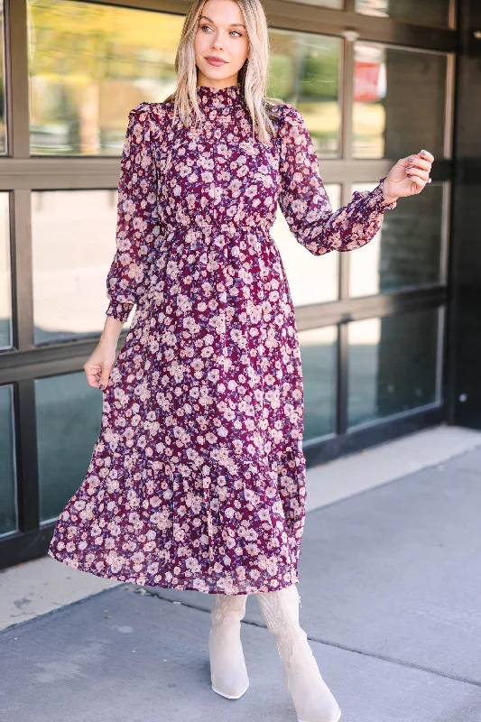 Women's Notched Collar DressesReady For Anything Burgundy Red Floral Midi Dress