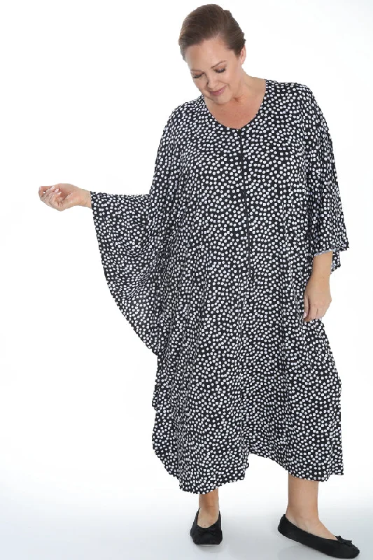 Women's JodhpursVikki Vi Jersey Black and Ivory Random Dots Zip Front Caftan