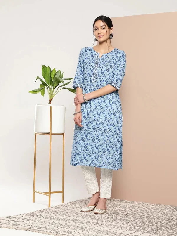 Women's Jumpsuits with Shirt CollarBlue Printed Cotton Straight Kurta