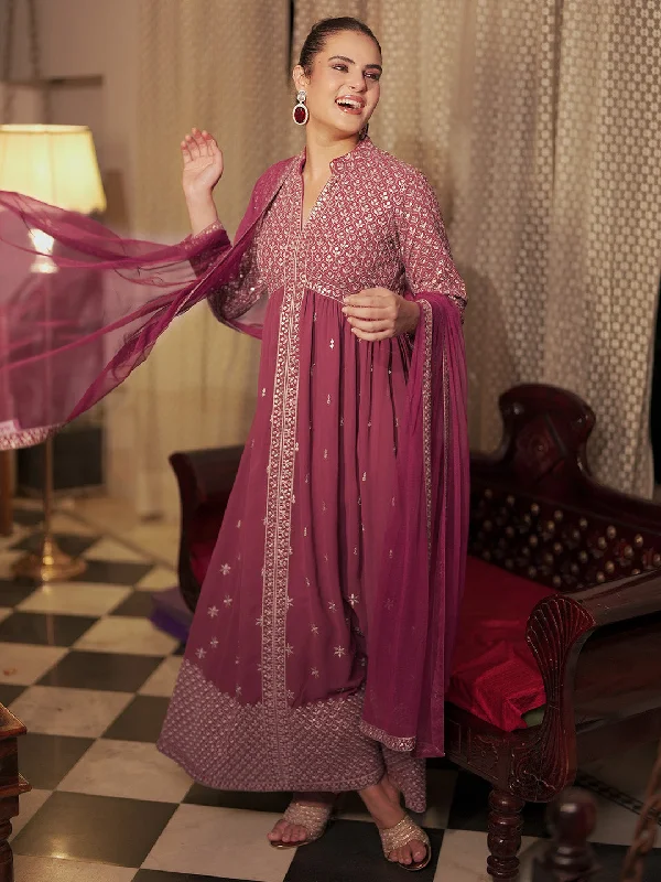 Women's Jumpsuits with Peter Pan CollarChandni Mauve Embroidered Georgette A-Line Kurta With Trousers & Dupatta