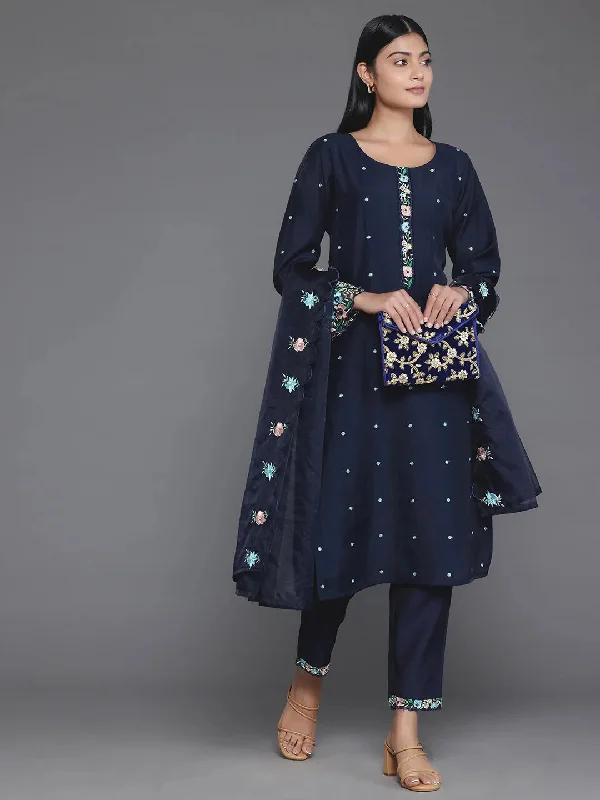 Women's Jumpsuits with Rounded CollarBlue Embroidered Silk Blend Straight Suit With Dupatta