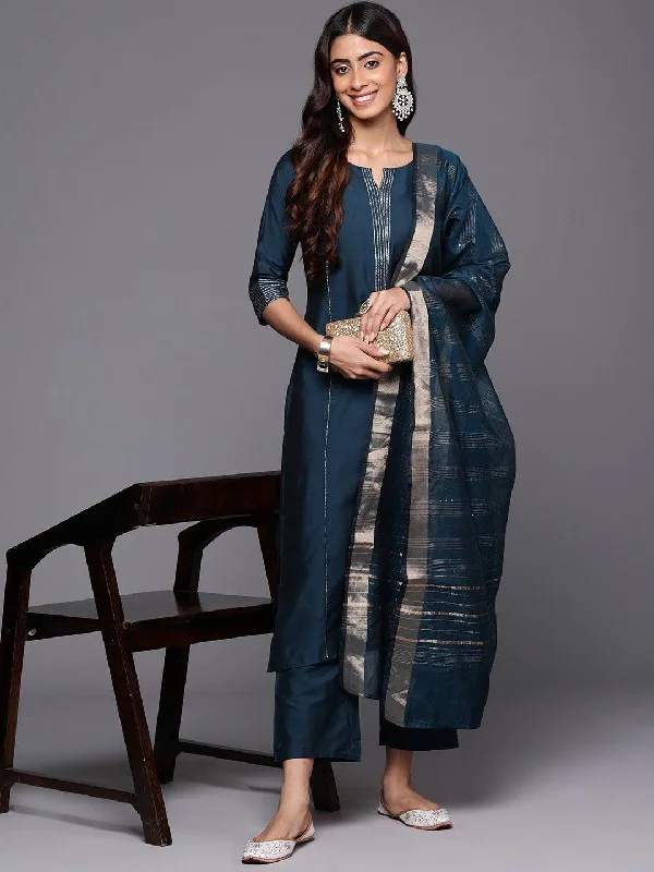 Women's JumpsuitsBlue Solid Silk Blend Straight Suit With Dupatta