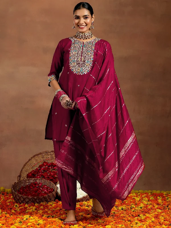 Women's Jumpsuits with Shirt CollarMaroon Embroidered Silk Blend Straight Suit With Dupatta