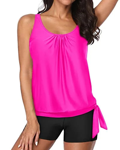 Slimming Tummy Control Tankini Bathing Suit For Women-Neon Pink And Black