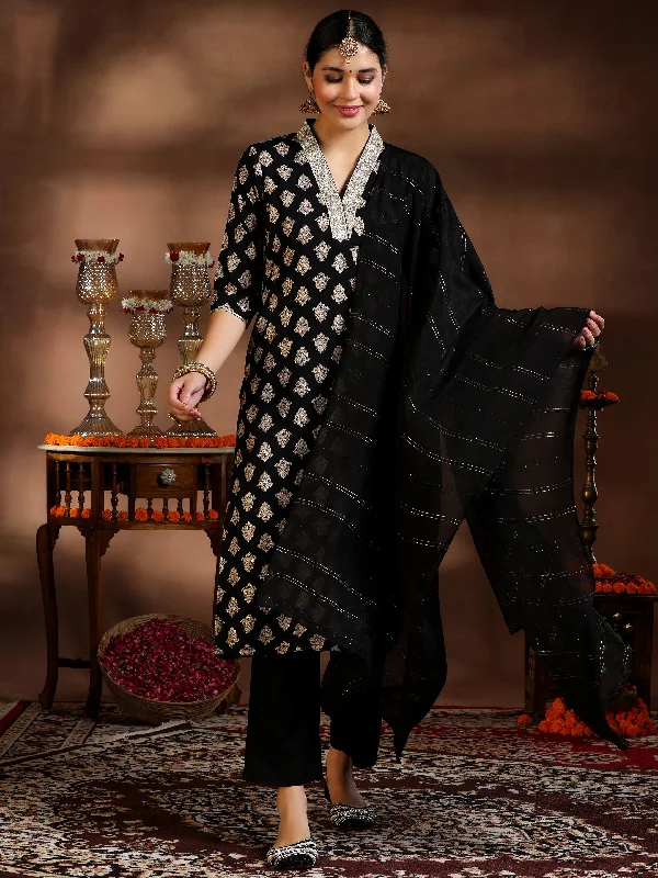 Women's Jumpsuits with CollarBlack Printed Silk Blend Straight Suit With Dupatta