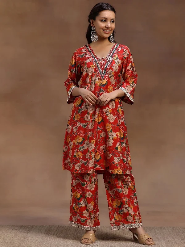 Women's Jumpsuits with U-Shaped CollarRed Printed Silk Blend Co-Ords