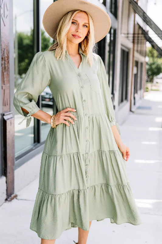 Women's Boat-Back DressesLeading Back To You Sage Green Tiered Midi Dress