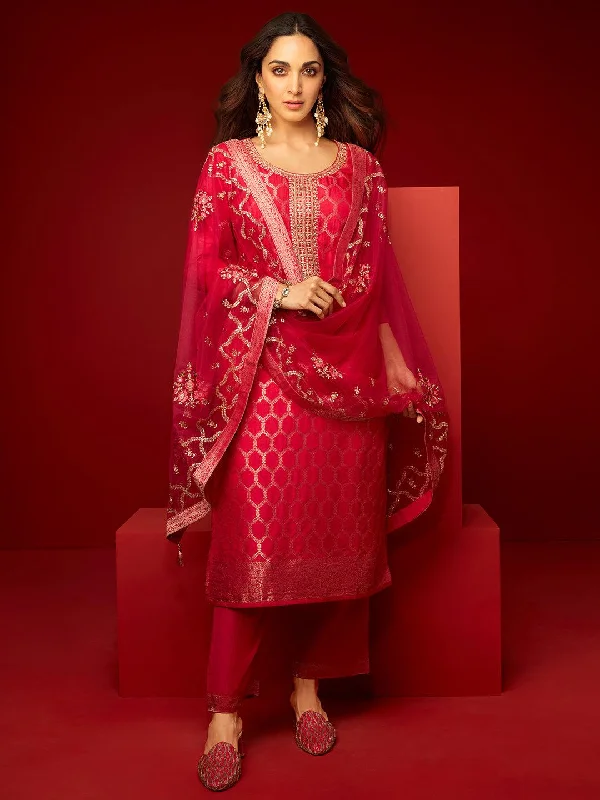 Women's Jumpsuits with Skinny LegPink Woven Design Silk Blend Straight Suit With Dupatta