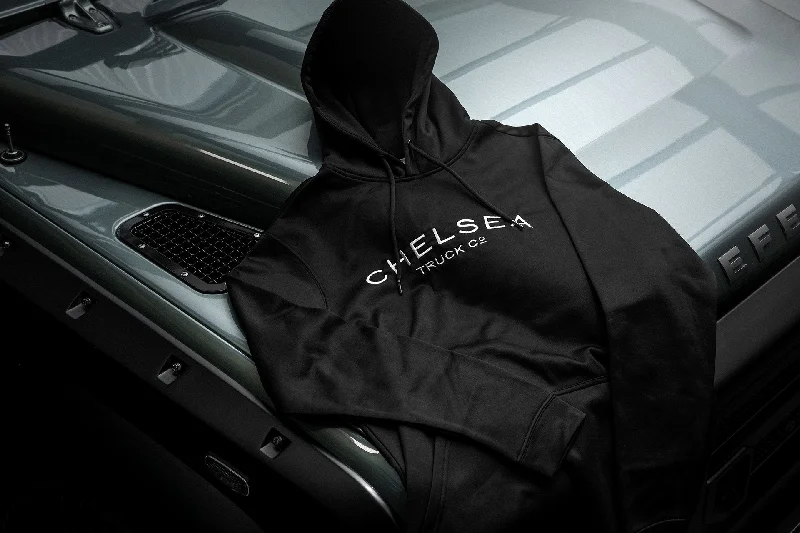 Women's Hooded Sweatshirts with Geometric LiningChelsea Truck's Black with White Embroidery Hoodie