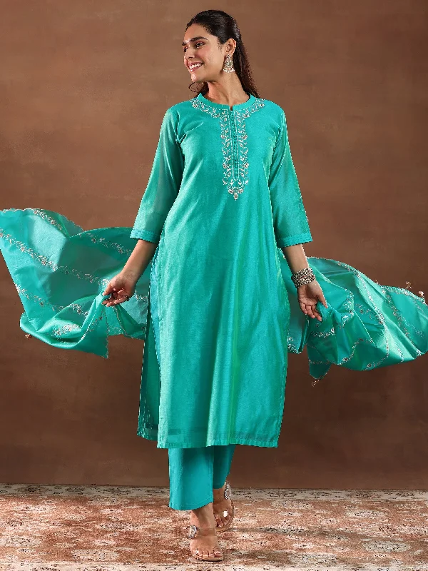 Women's Jumpsuits with Sweetheart CollarTurquoise Yoke Design Chanderi Silk Straight Suit With Dupatta