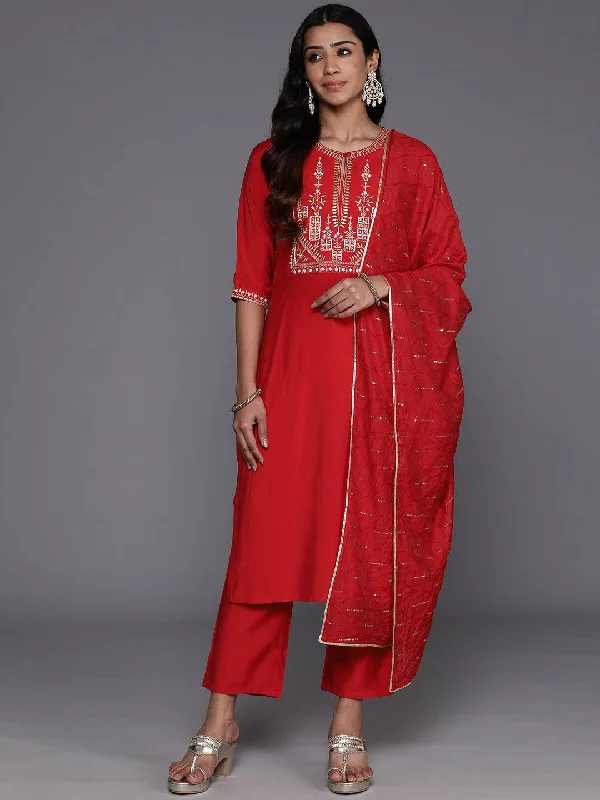 Women's Jumpsuits with Sweetheart CollarRed Yoke Design Silk Blend Straight Suit With Dupatta