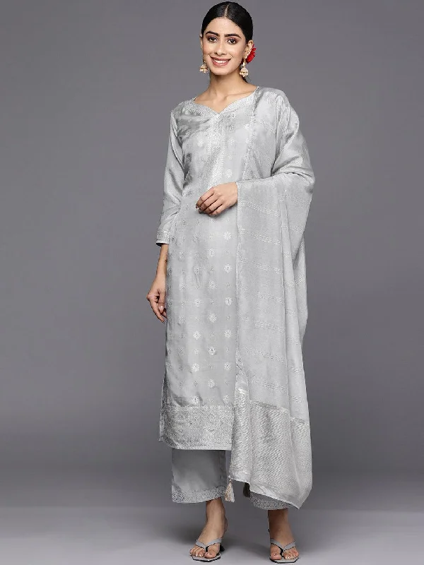 Women's Jumpsuits with Straight HemGrey Self Design Silk Blend Straight Kurta With Trousers & Dupatta