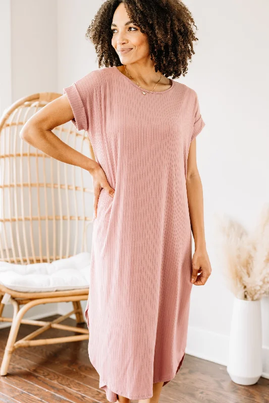 Women's Boat-Neck DressesIt's All Here Mauve Pink Ribbed Midi Dress