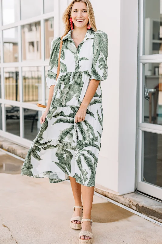 Women's Boat-Neck DressesShow Your Heart Green Palm Print Midi Dress