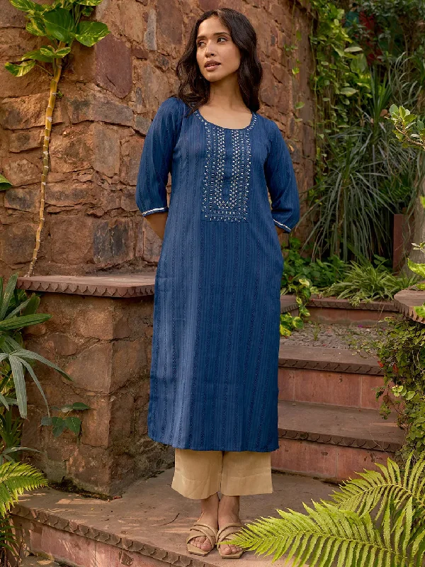 Women's Jumpsuits with Straight LegBlue Yoke Design Rayon Straight Kurta