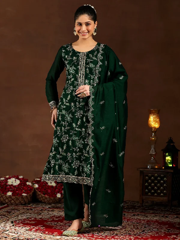 Women's Jumpsuits with Peter Pan CollarGreen Embroidered Silk Blend Straight Suit With Dupatta