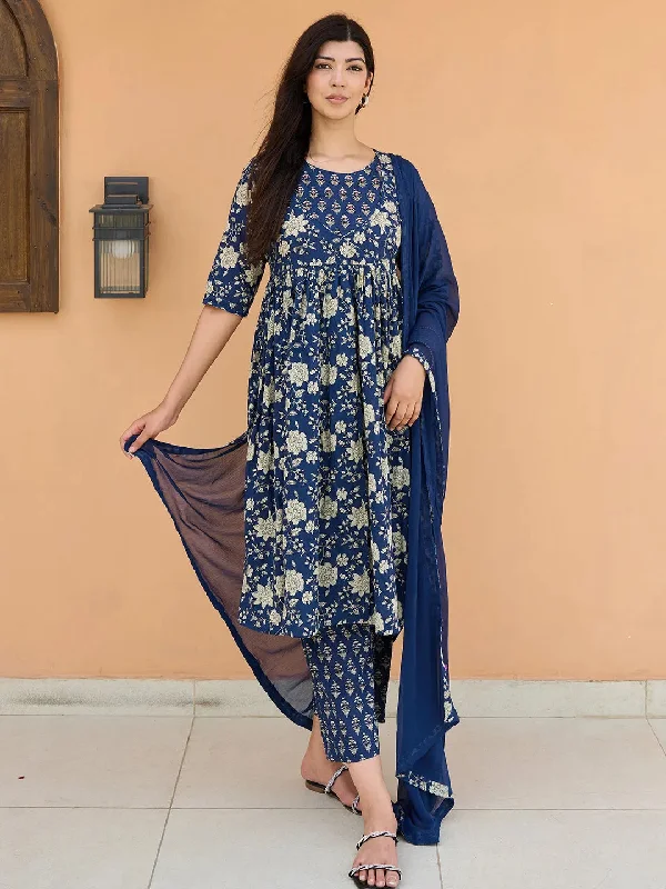 Women's Jumpsuits with U-Shaped NeckBlue Printed Pure Cotton Anarkali Suit With Dupatta