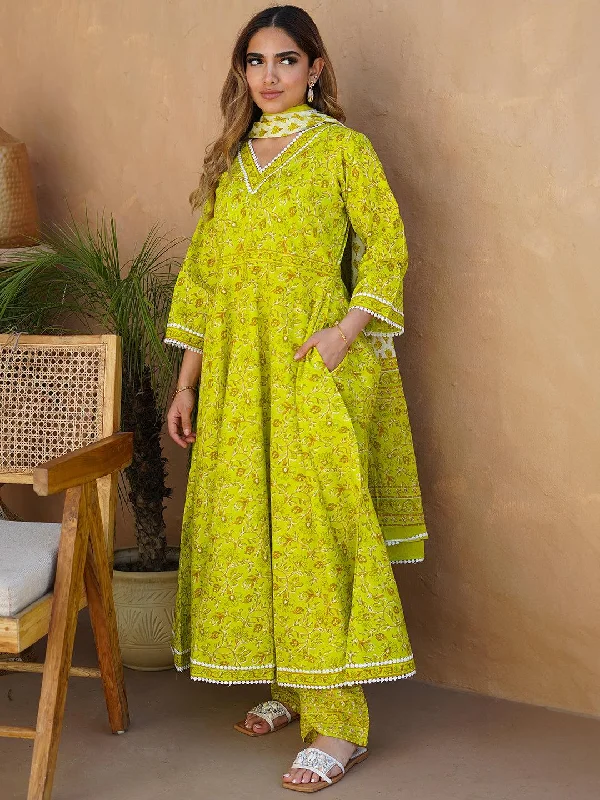 Women's Jumpsuits with Rounded CollarGreen Printed Cotton Anarkali Suit With Dupatta