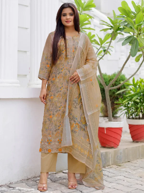 Women's Jumpsuits with Notched CollarTan Printed Chanderi Silk Straight Suit With Dupatta