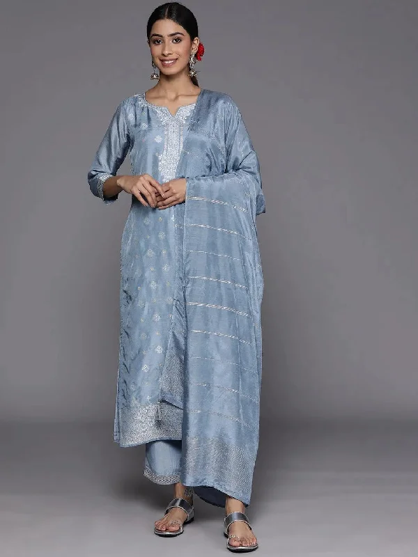 Women's Jumpsuits with Low CollarGrey Self Design Silk Blend Straight Kurta With Trousers & Dupatta