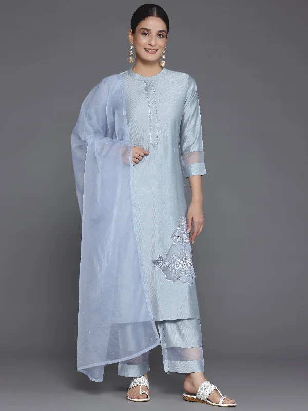 Women's Jumpsuits with Boat CollarGrey Solid Silk Blend Straight Suit With Dupatta