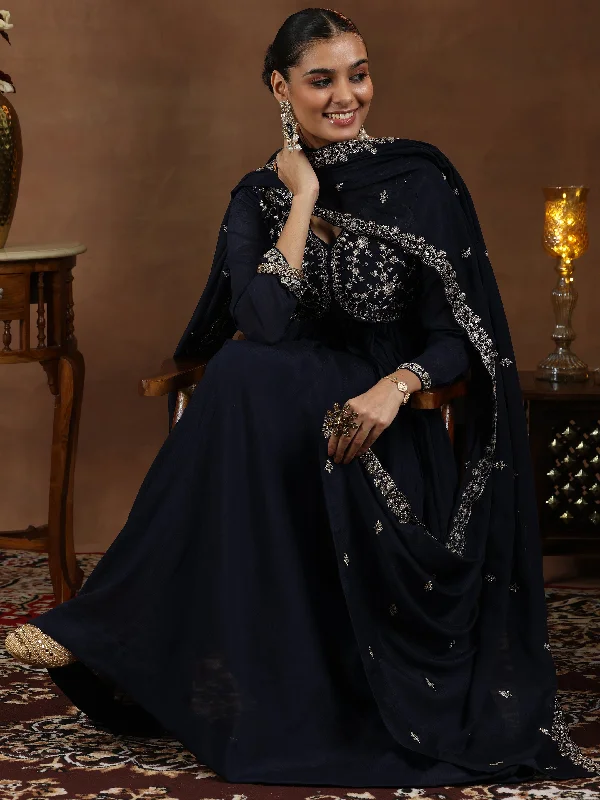 Women's Jumpsuits with Shawl CollarBlue Yoke Design Silk Blend A-Line Kurta With Trousers & Dupatta