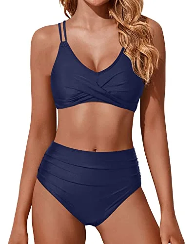 Wrap Women's High Waisted Push Up Bikini Set Tummy Control Swimsuit-Navy Blue