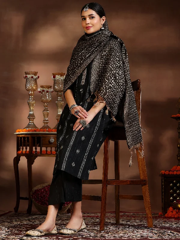 Women's Jumpsuits with Low CollarBlack Woven Design Cotton Blend Straight Suit With Dupatta