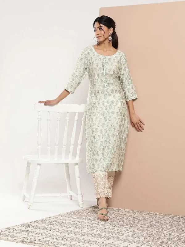 Women's Jumpsuits with U-Shaped CollarGreen Printed Silk Straight Kurta