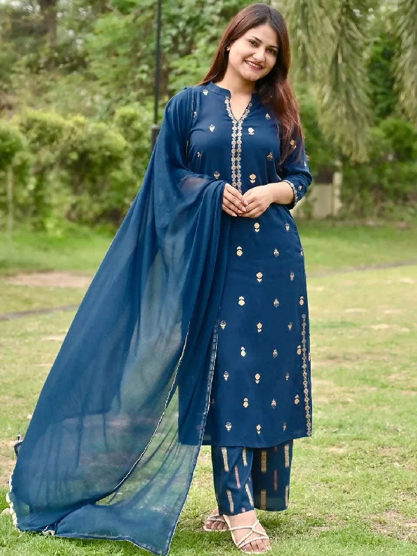 Women's Jumpsuits with Collarless NeckTeal Printed Rayon Straight Kurta With Palazzos & Dupatta