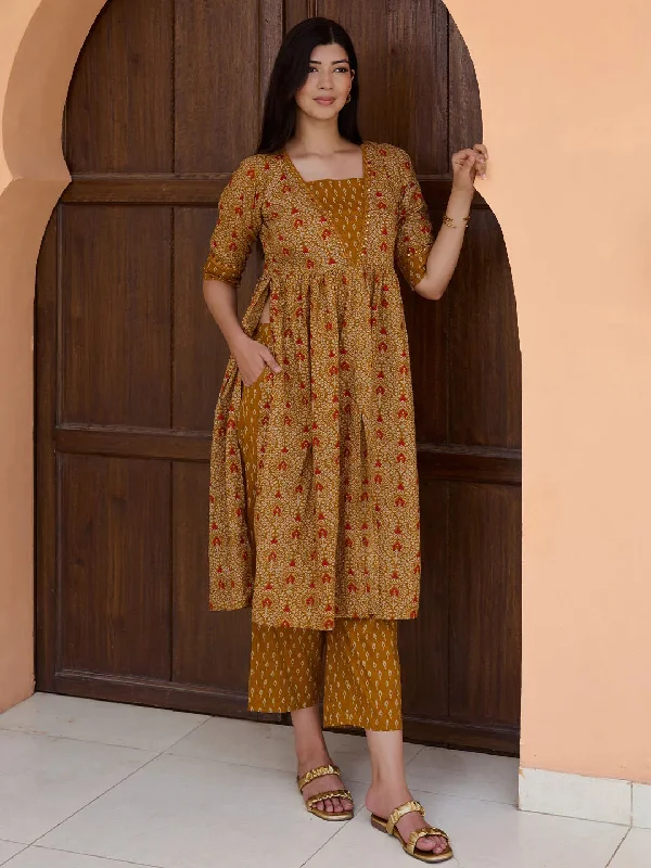 Women's Jumpsuits with Wide CollarMustard Printed Cotton A-Line Kurta With Palazzos