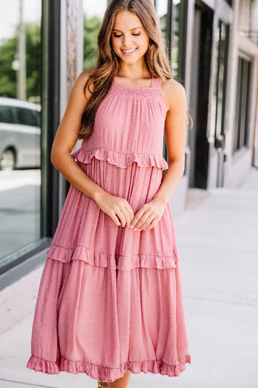 Women's Shift DressesCelebrate Yourself Terracotta Pink Ruffled Midi Dress