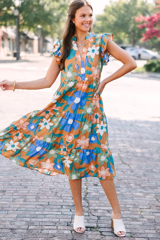 Women's Round-Neck DressesCreated Beauty Apricot Orange Floral Midi Dress