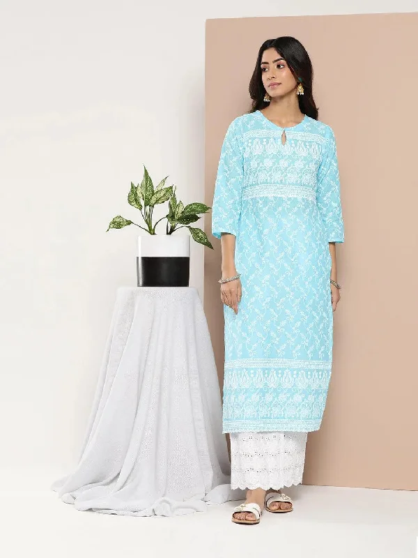 Women's Jumpsuits with HoodBlue Embroidered Cotton Straight Kurta