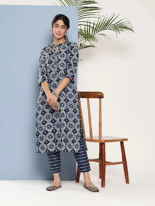 Women's Jumpsuits with Keyhole CollarBlue Printed Cotton Straight Kurta