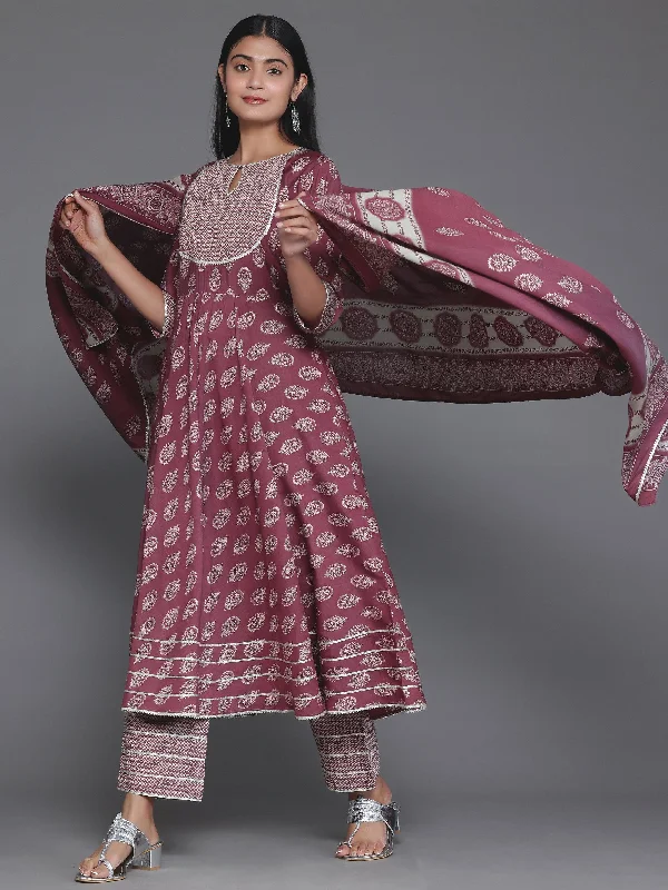 Women's Jumpsuits with Boat NeckMauve Printed Silk Blend Anarkali Suit With Dupatta