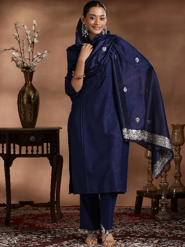 Women's Jumpsuits with Peter Pan CollarNavy Blue Solid Cotton Blend Straight Suit With Dupatta