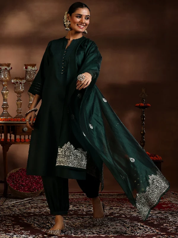 Women's Jumpsuits with Asymmetrical HemGreen Solid Cotton Blend Straight Suit With Dupatta