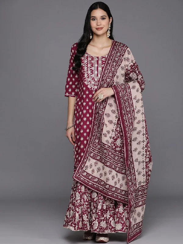 Women's Jumpsuits with Collarless DesignBurgundy Yoke Design Cotton Straight Sharara Suit Set With Dupatta