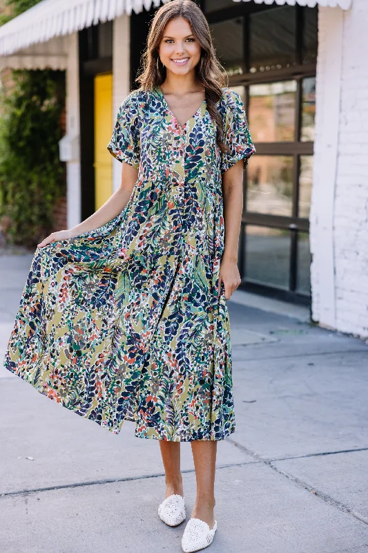 Women's Ruffled DressesJust You Wait Moss Green Floral Midi Dress