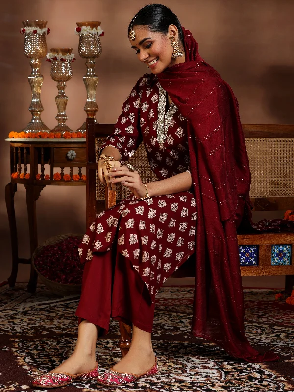 Women's Jumpsuits with Tapered LegMaroon Printed Silk Blend Straight Suit With Dupatta