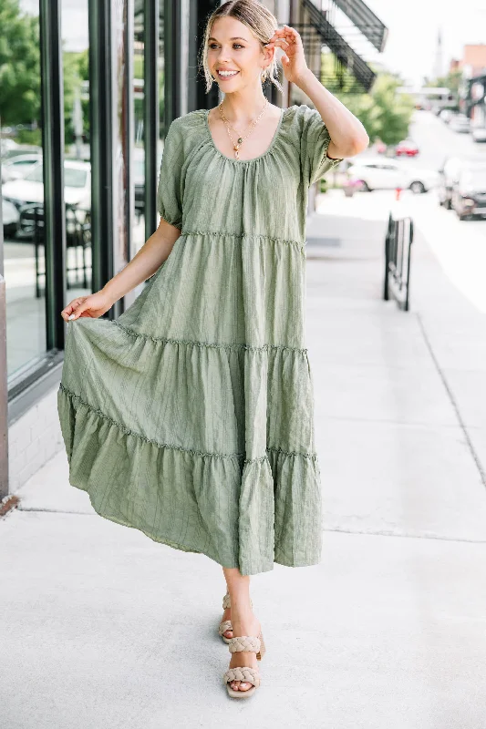 Women's Long-Sleeve DressesListen To You Olive Green Tiered Midi Dress