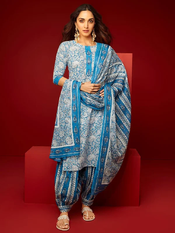 Women's Jumpsuits with Sweetheart NeckBlue Printed Cotton Straight Suit With Dupatta